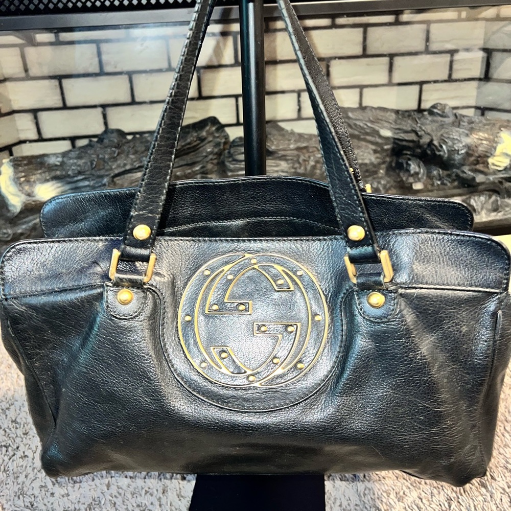 Gucci Blondie Satchel Black Leather GG Hangbag Purse